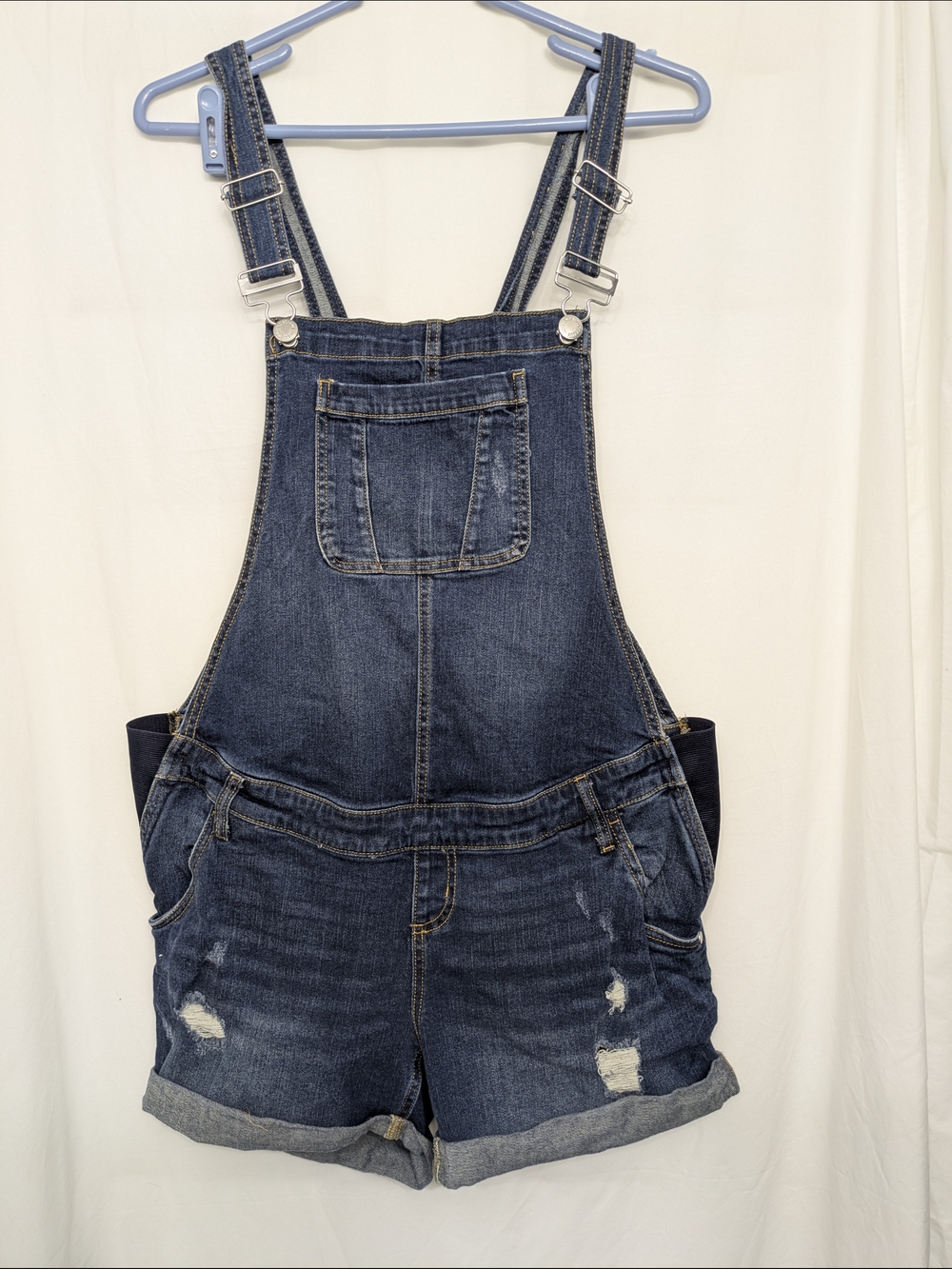 Indigo Blue Denim Shortalls Medium Distressed Stretch Side Panel